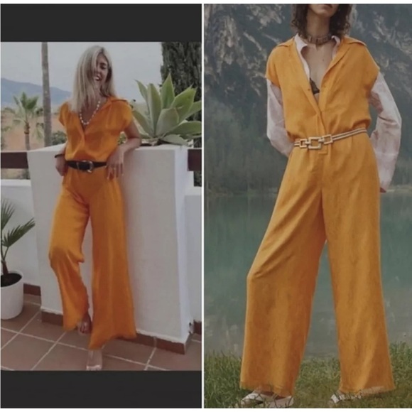 Zara NWT Women FULL LENGTH JACQUARD JUMPSUIT BLOGGERS FAV Orange/Yellow Medium - Picture 5 of 16